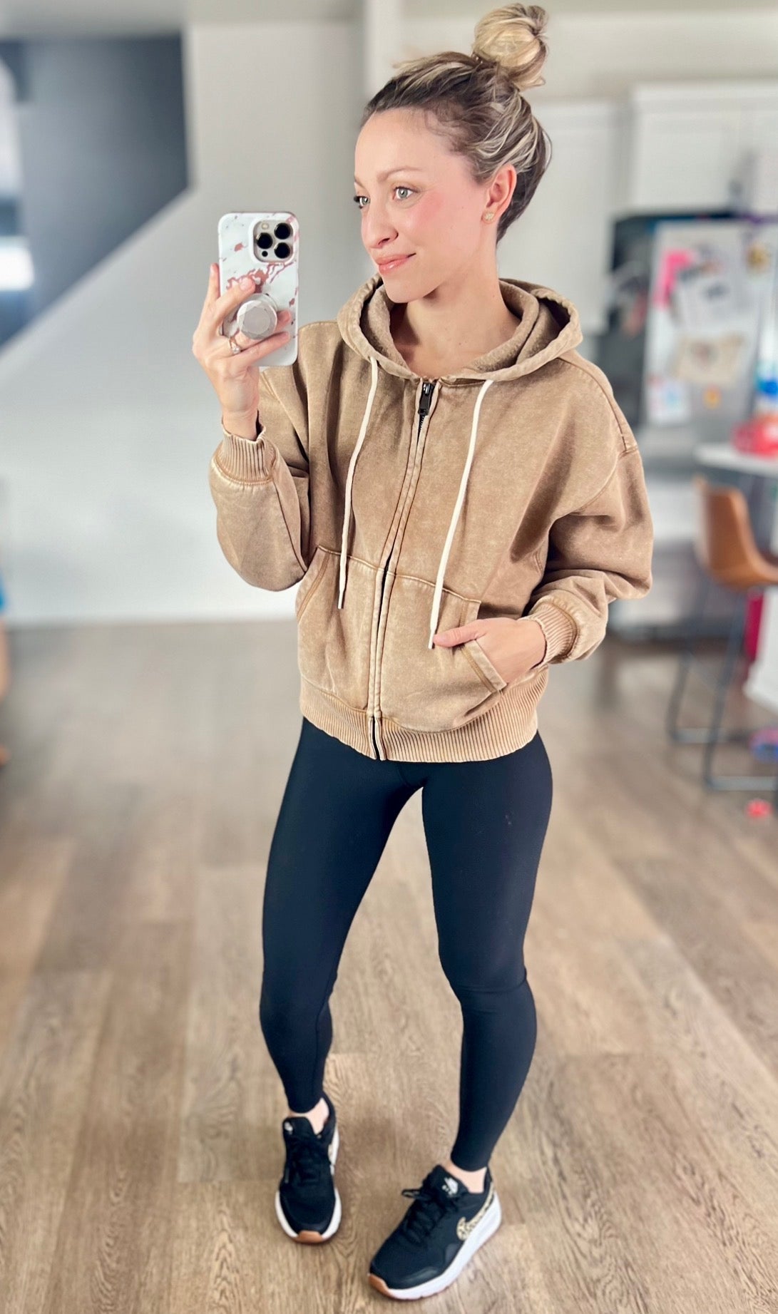 All in the Cozy Vintage Wash Hoodie in Camel