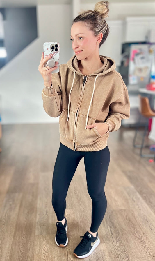 All in the Cozy Vintage Wash Hoodie in Camel