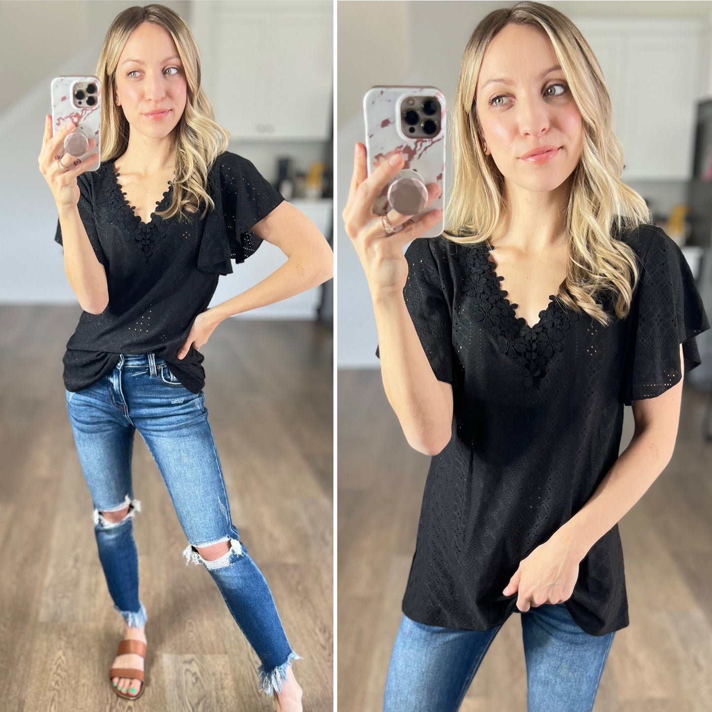Amy Eyelet Flutter Sleeve Top