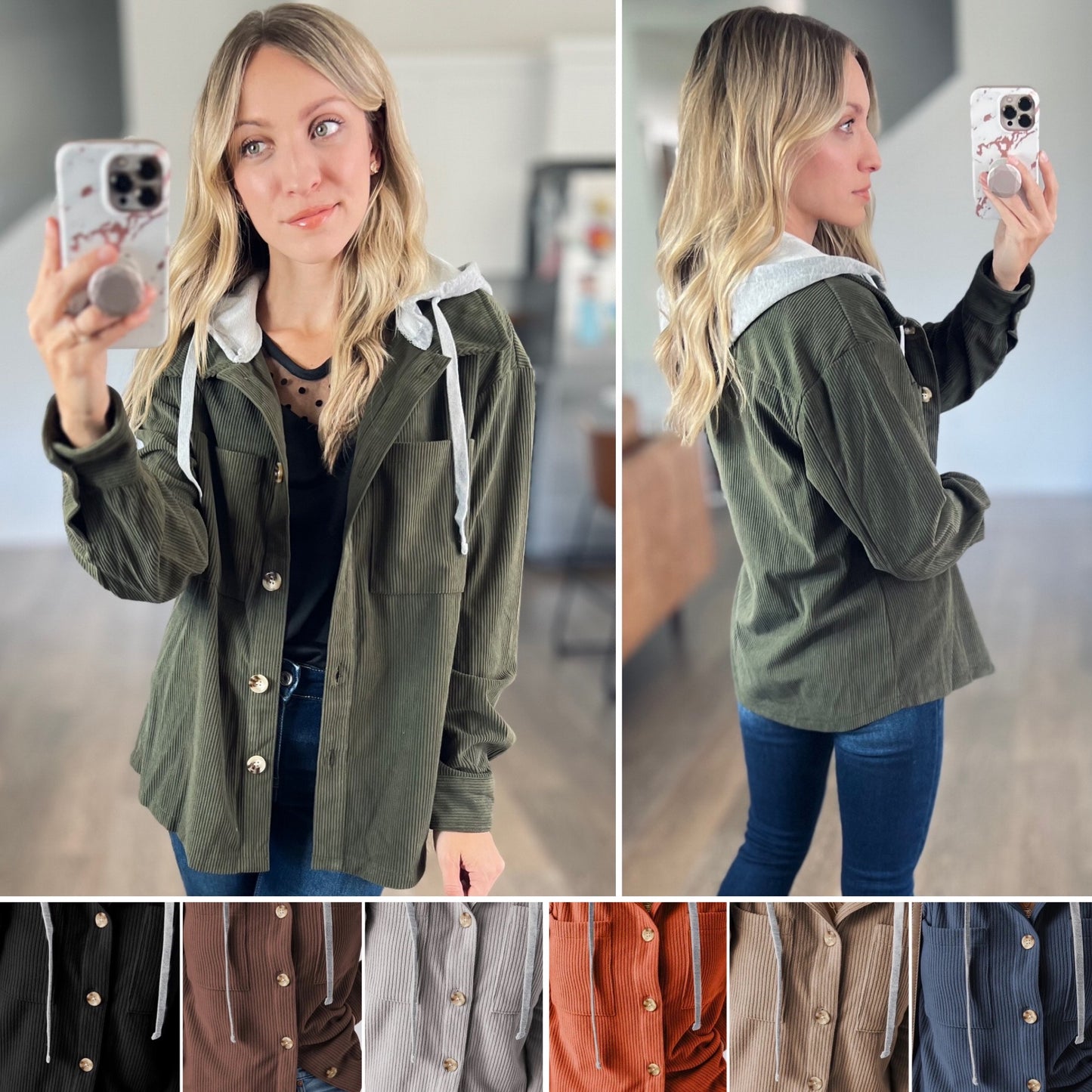 Cord Drawstring Button Up Hooded Shacket