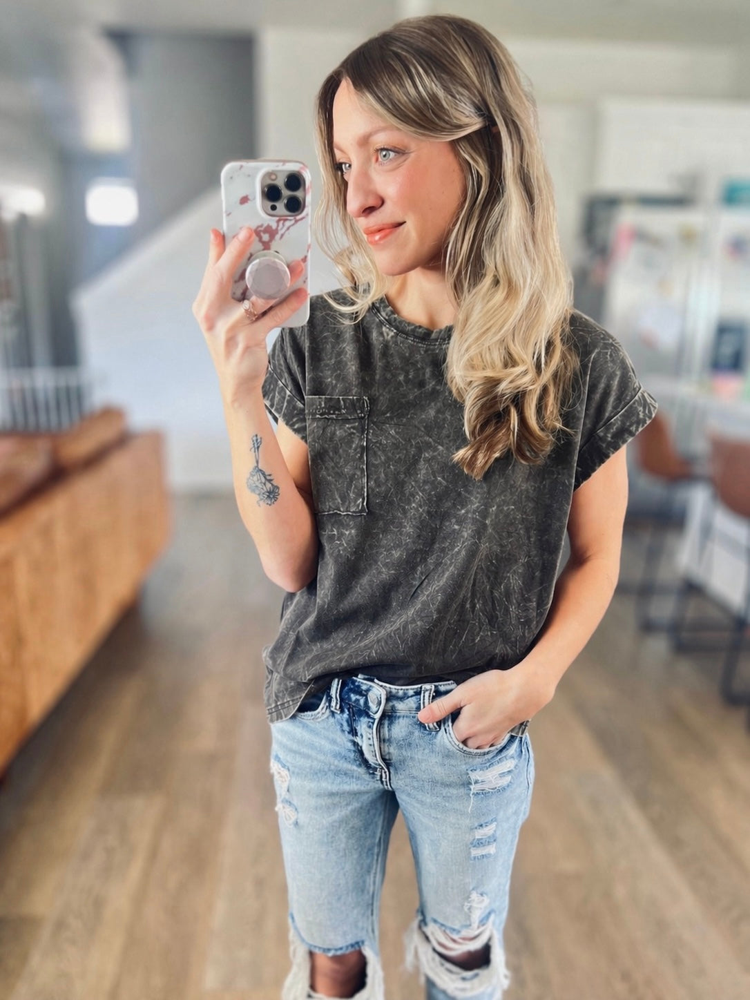 Black Crinkle Washed Short Sleeve Tee