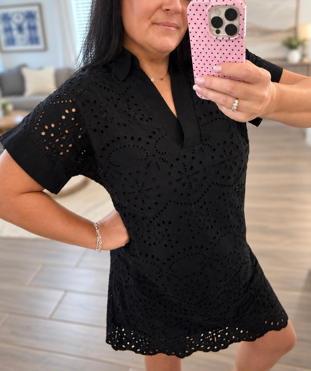 Black Solid Color Eyelet Embroidered Dress