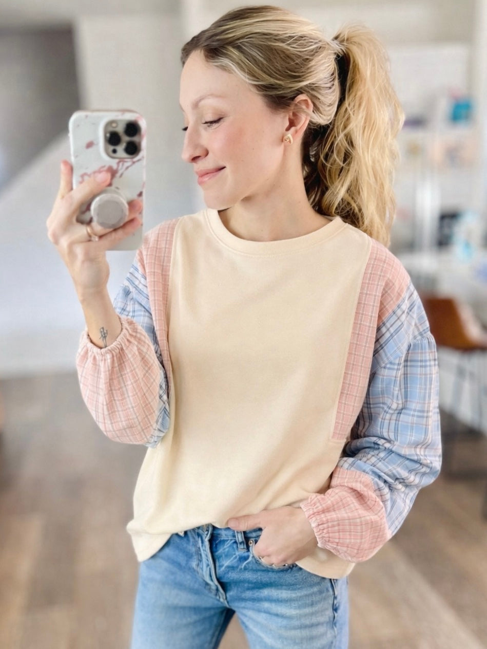 My Casual Cutie Oatmeal Patchwork Top