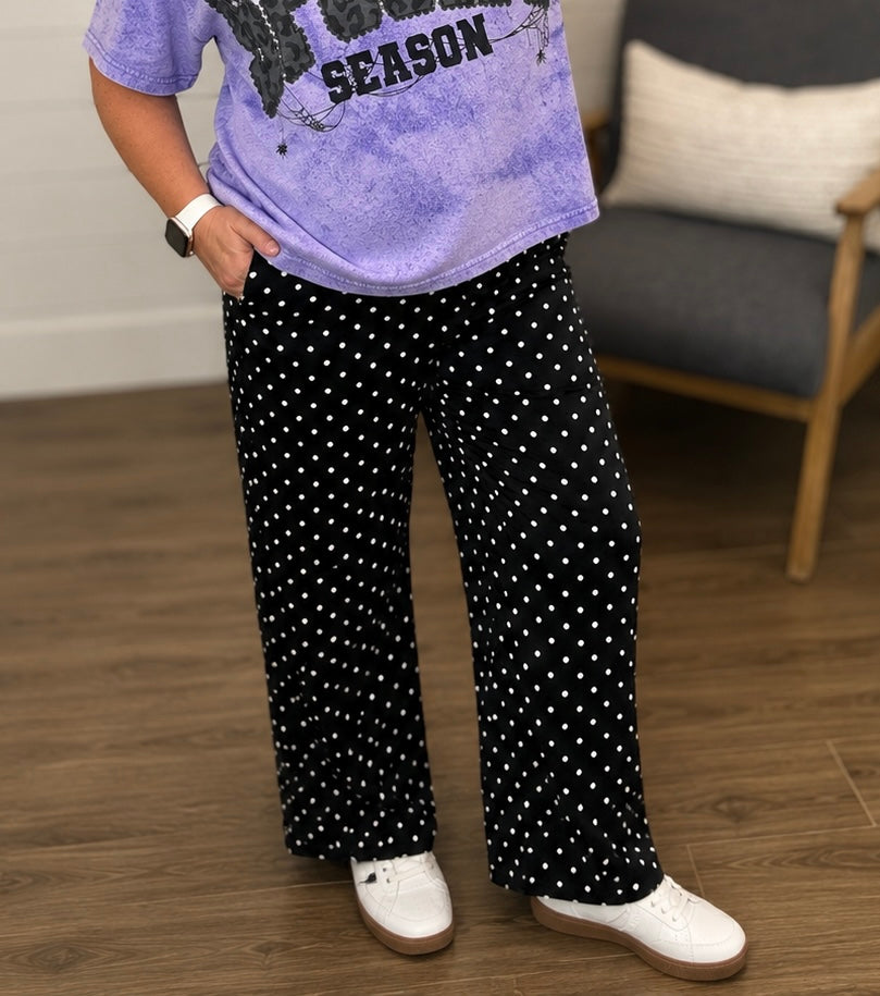 SHIPS FREE TODAY // Black and White Polka Dot Lace Hem Loose Pants
