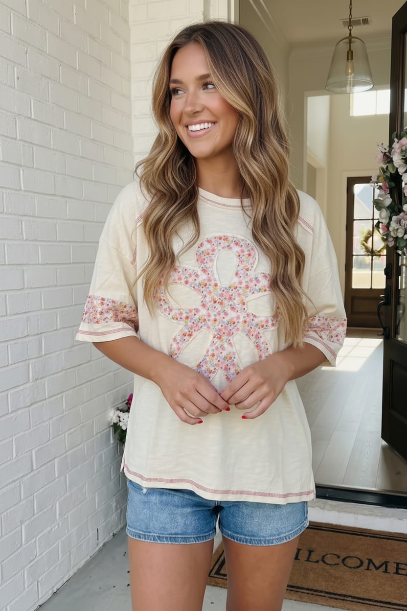 Floral Looped Cream Tee