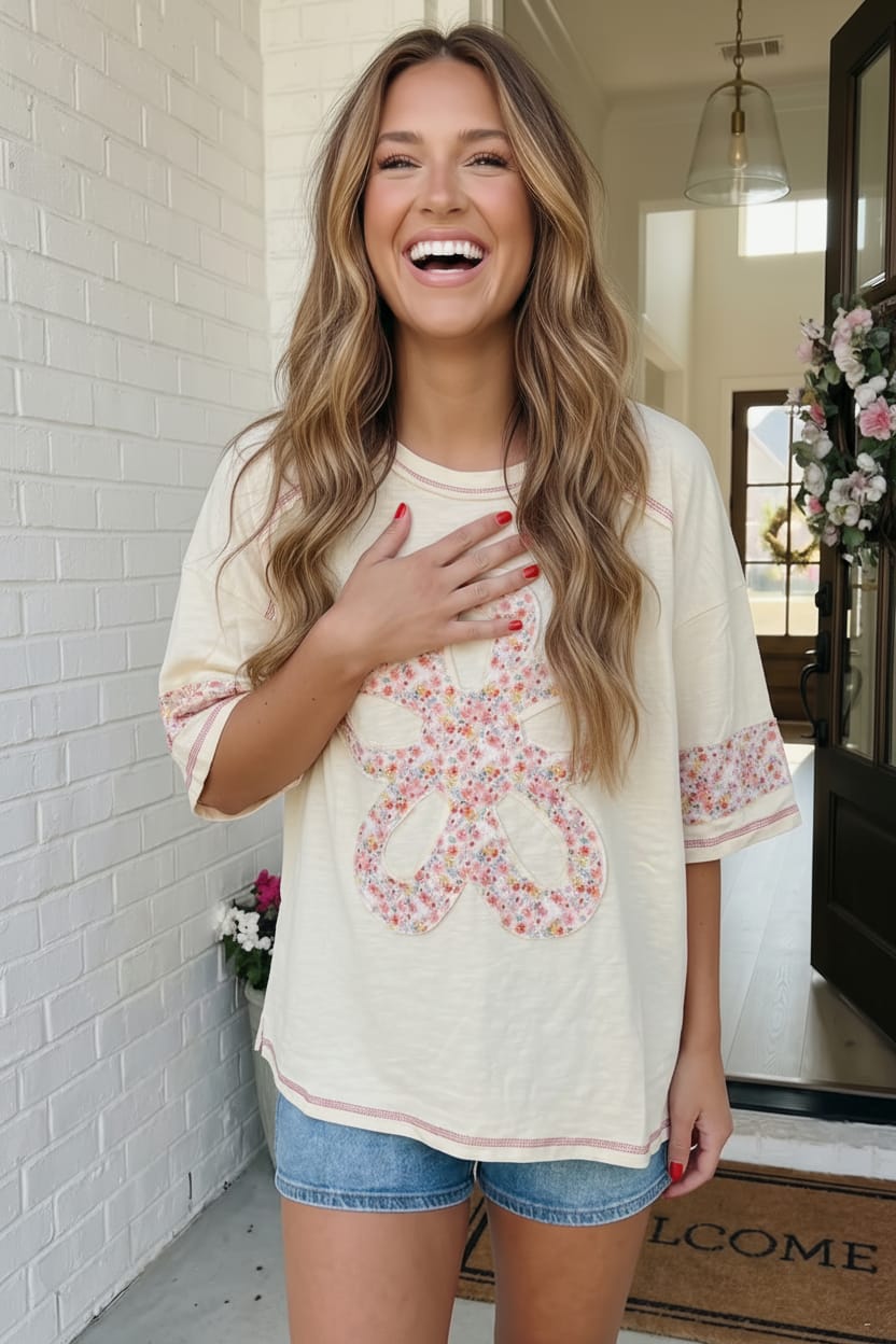 Floral Looped Cream Tee