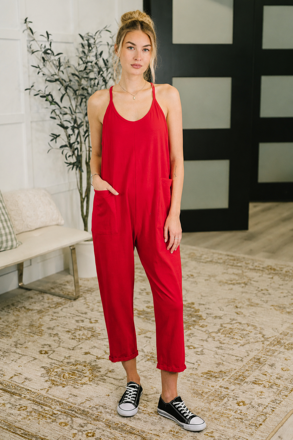 Totally Me Spaghetti Strap Jumpsuit Ruby