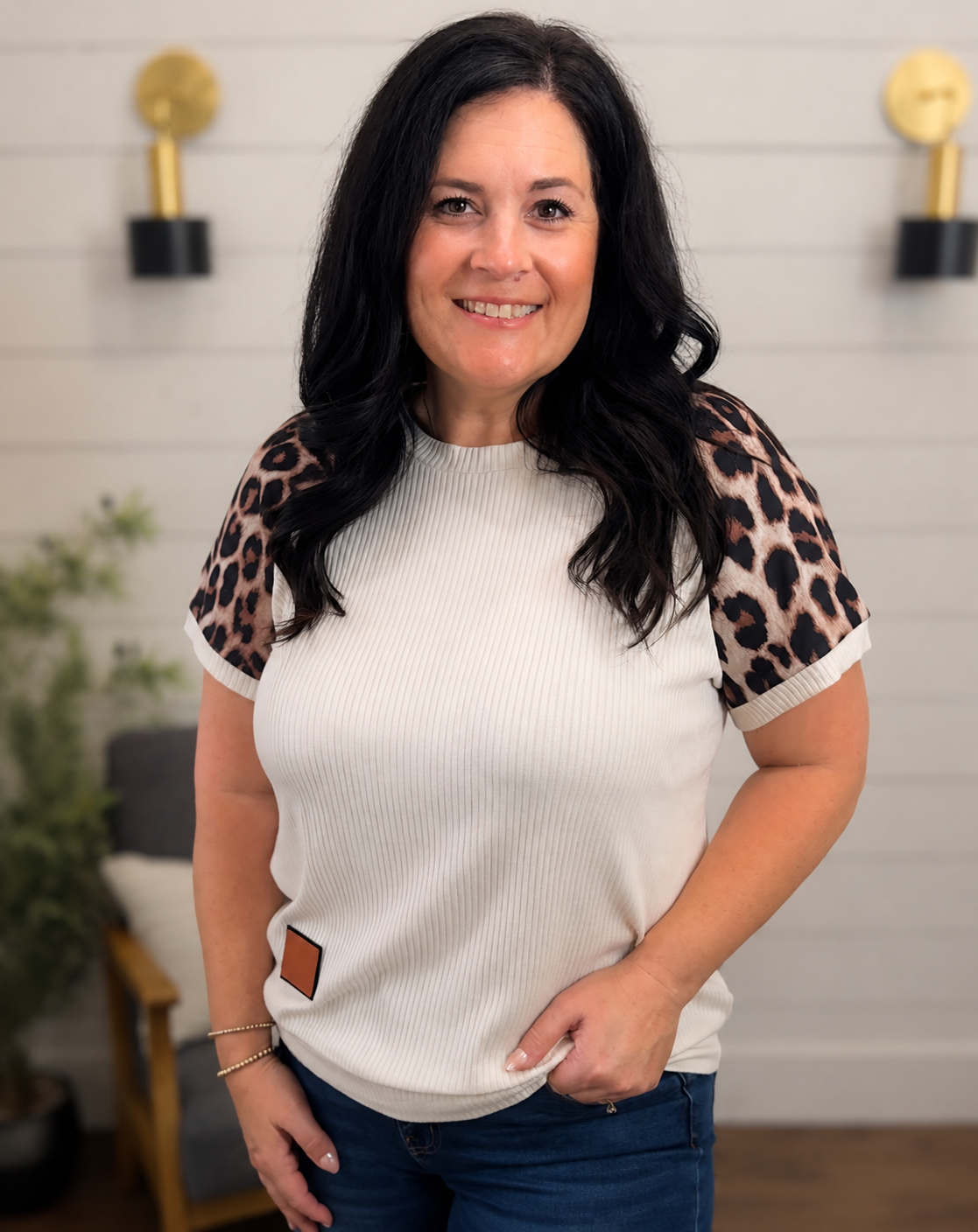 *ships free today* Cream Ribbed Leopard Print Tee