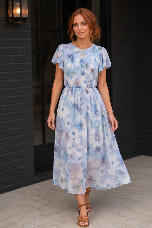 Watercolor Garden Flutter Sleeve Midi Dress