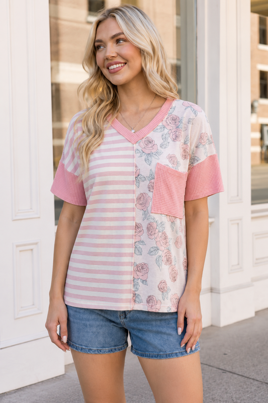 So Rosy Mixed Print V-Neck Top