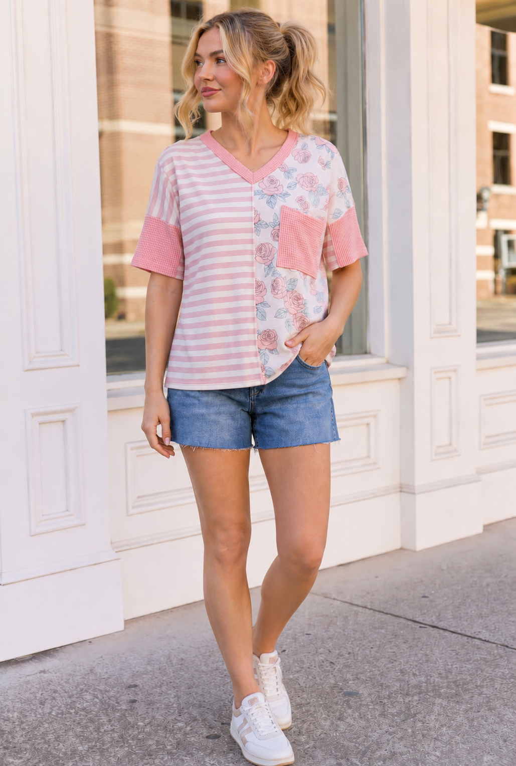 So Rosy Mixed Print V-Neck Top