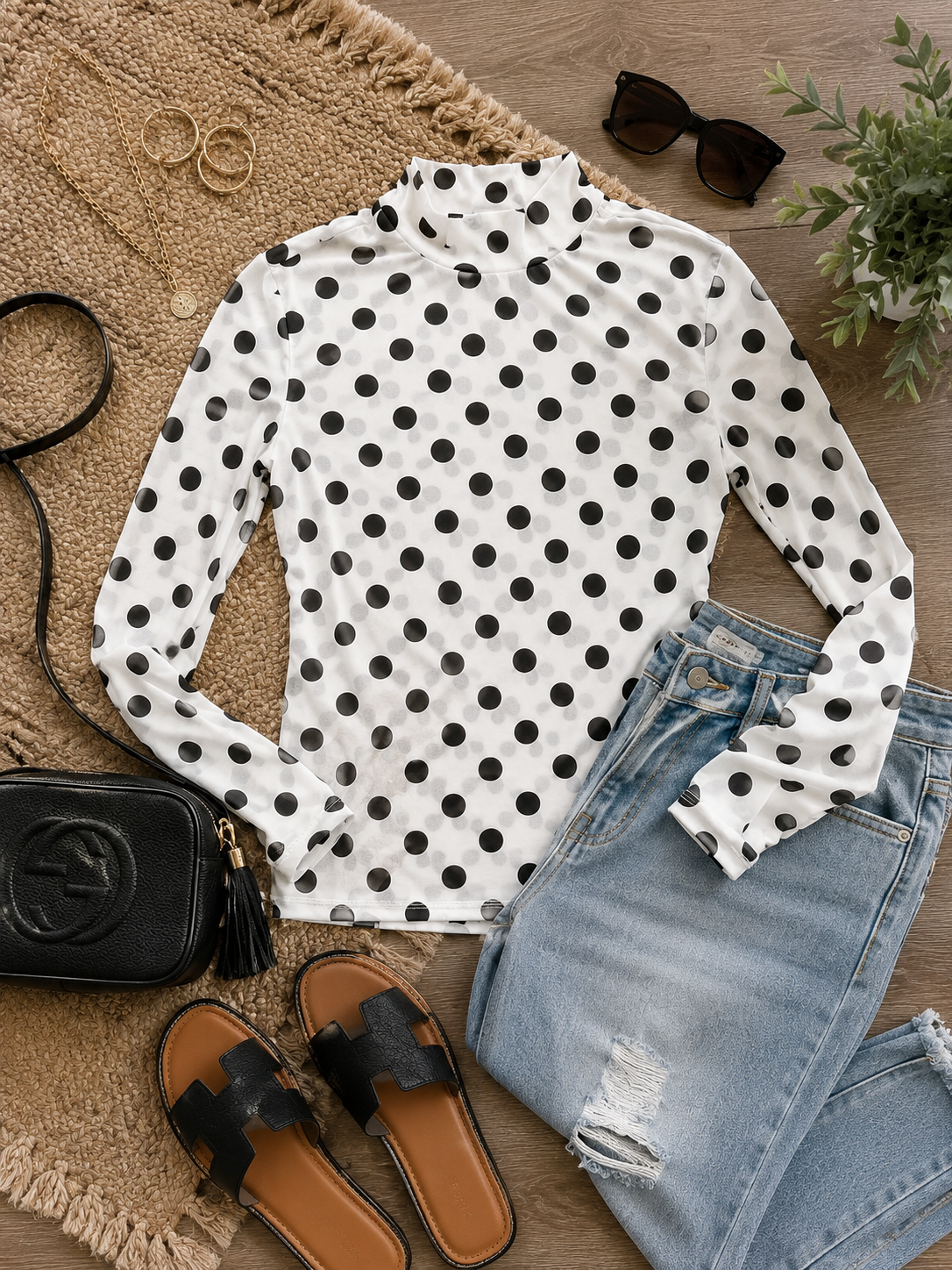 *free ship today* // Black and White Polka Dot Mesh Mock Neck Top