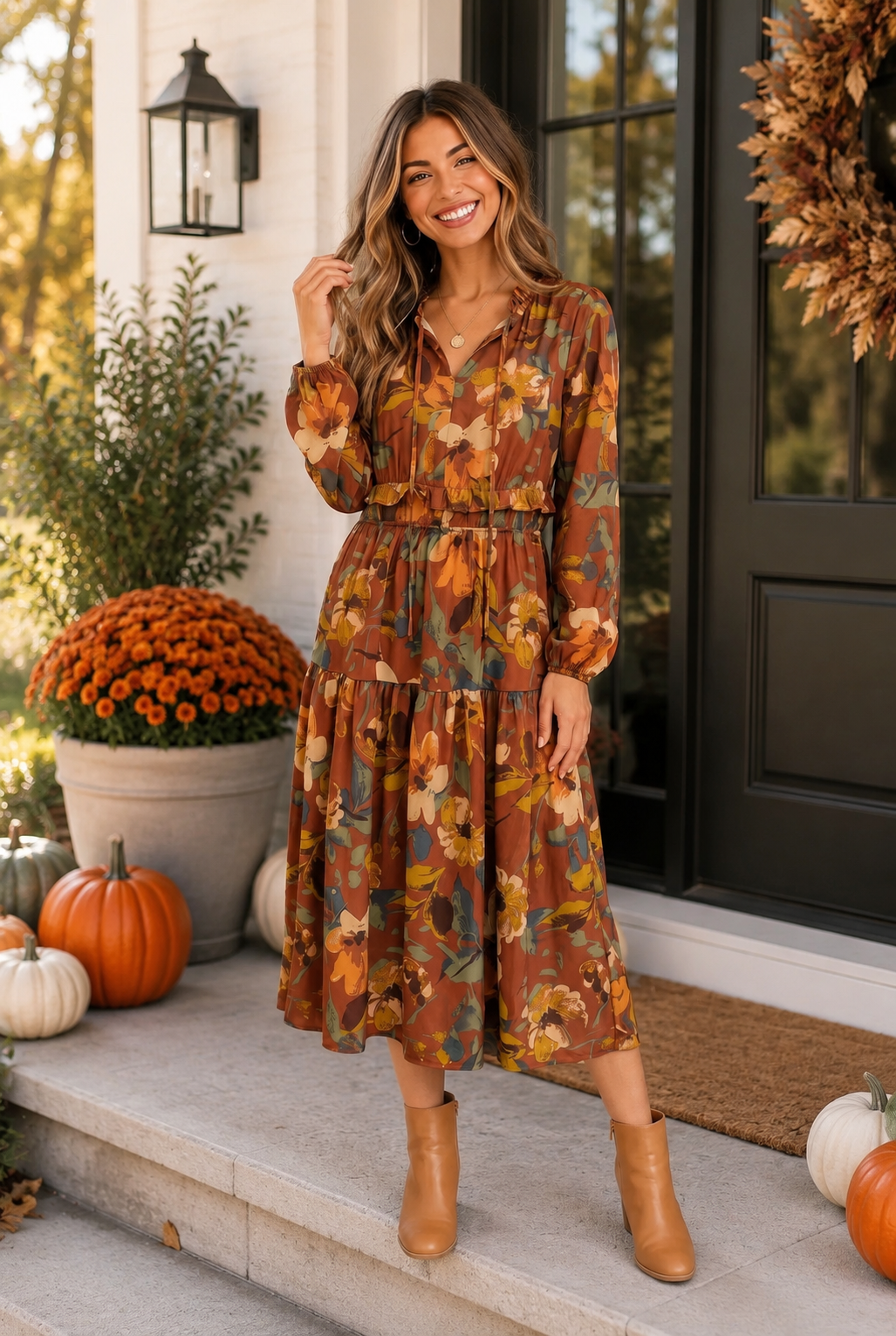 Harvest Bloom Tiered Midi Dress
