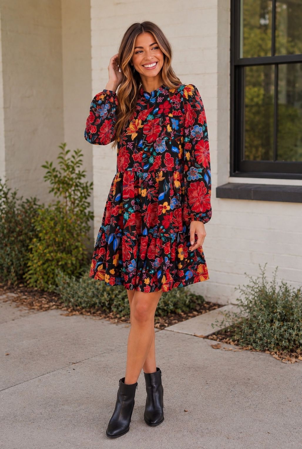 Bold Blooms Long Sleeve Tiered Mini Dress