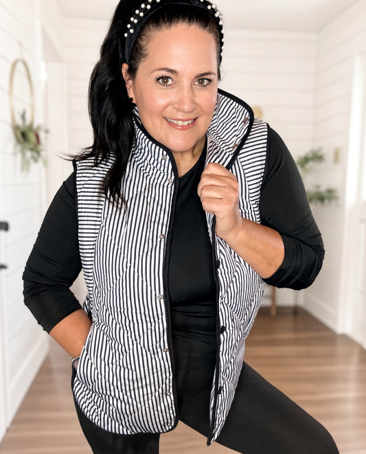 SHIPS FREE TODAY // Black and White Striped Puffer Vests