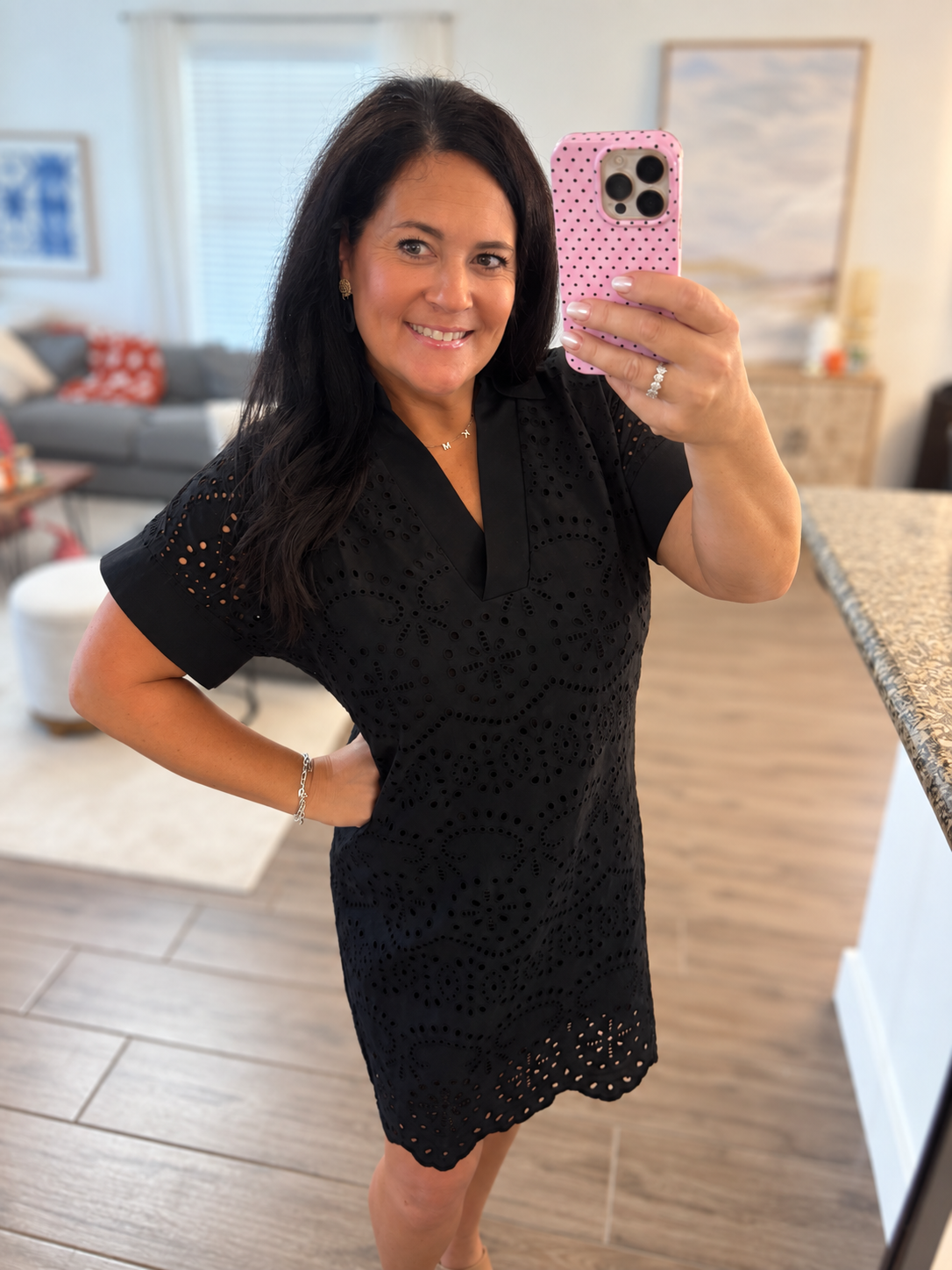 Black Solid Color Eyelet Embroidered Dress