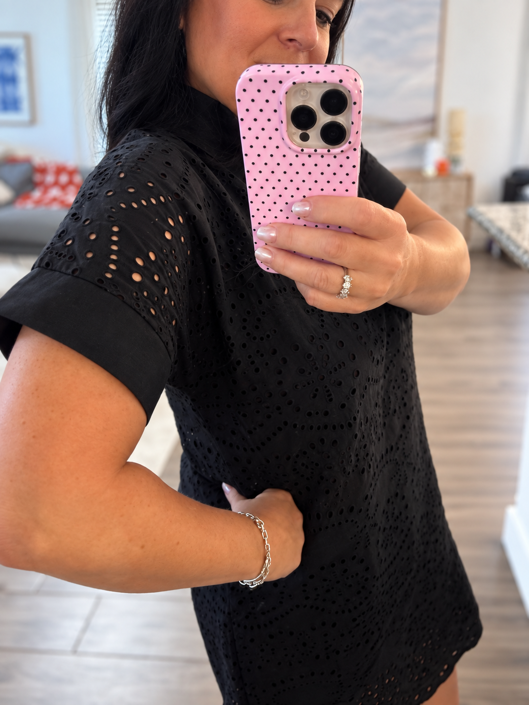 Black Solid Color Eyelet Embroidered Dress