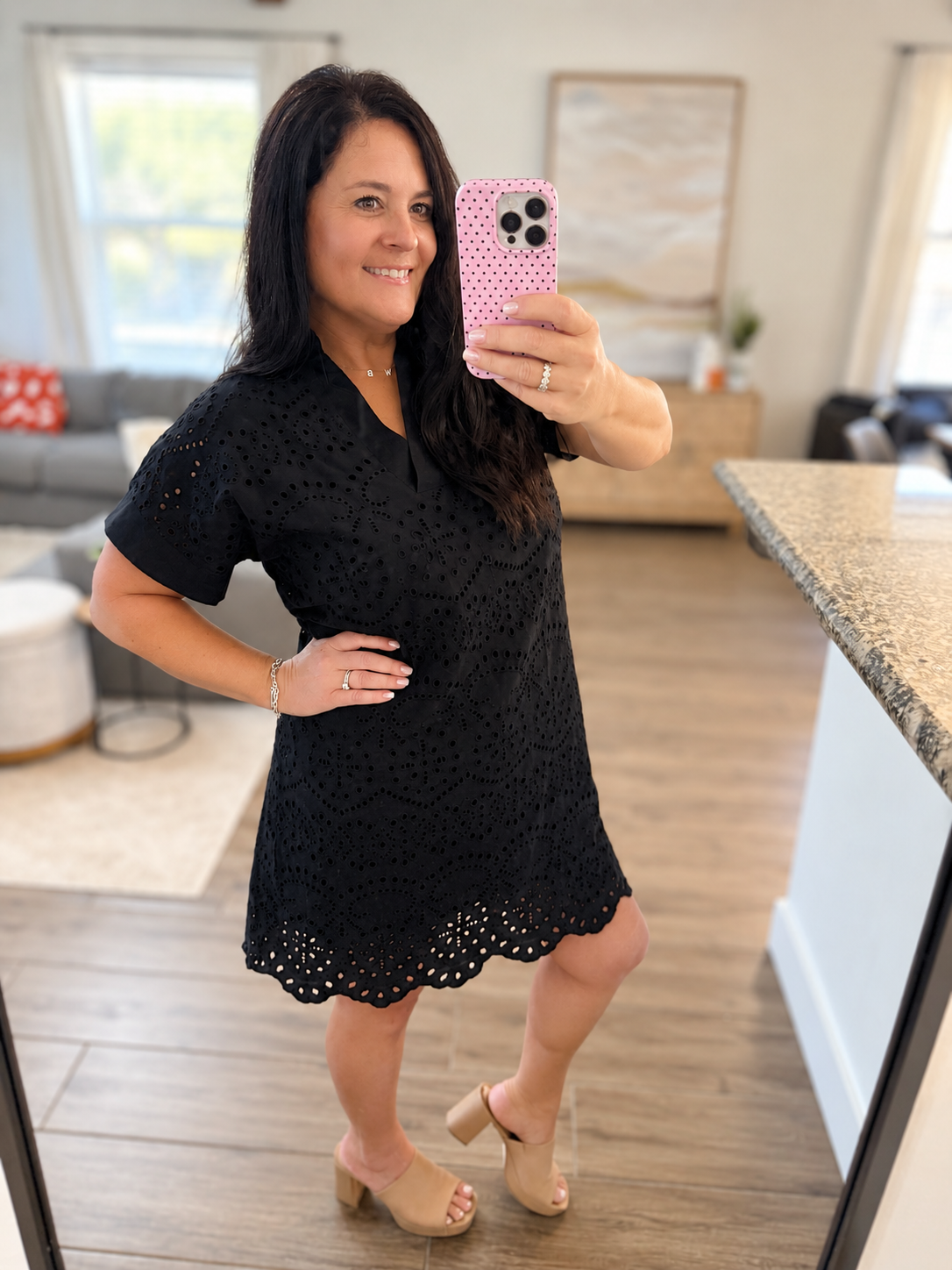 Black Solid Color Eyelet Embroidered Dress