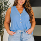 Buttoned Up Buttercup Sleeveless Top in Ocean Blue