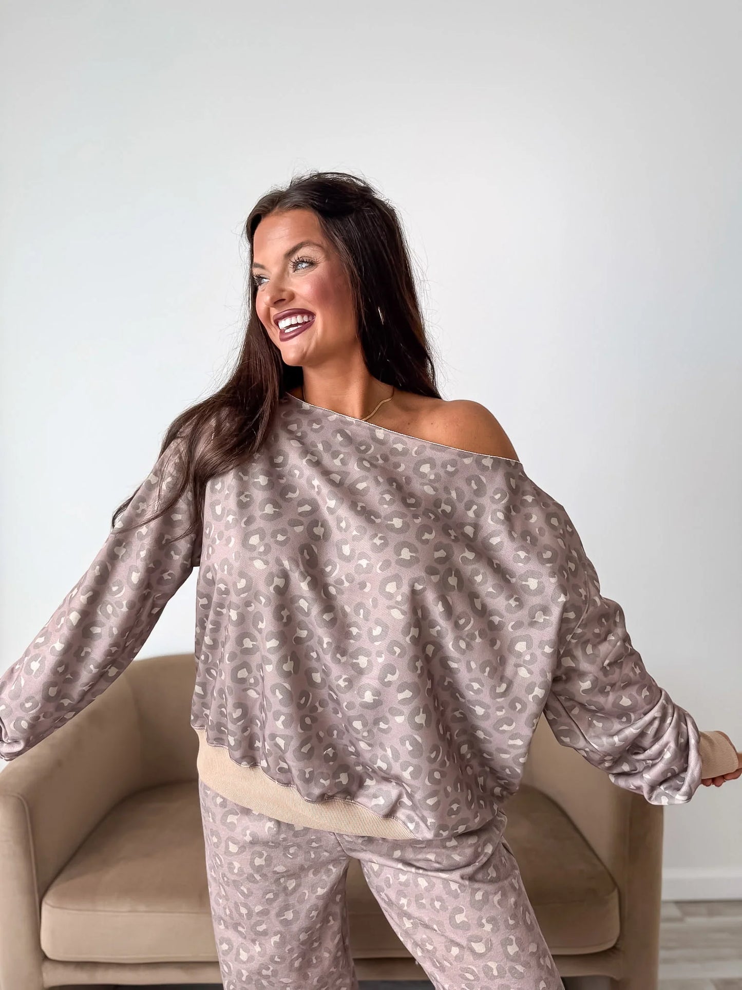 PREORDER: Off Shoulder Slouchy Pullover in Toasted Toffee Leopard // eta Nov - early Dec