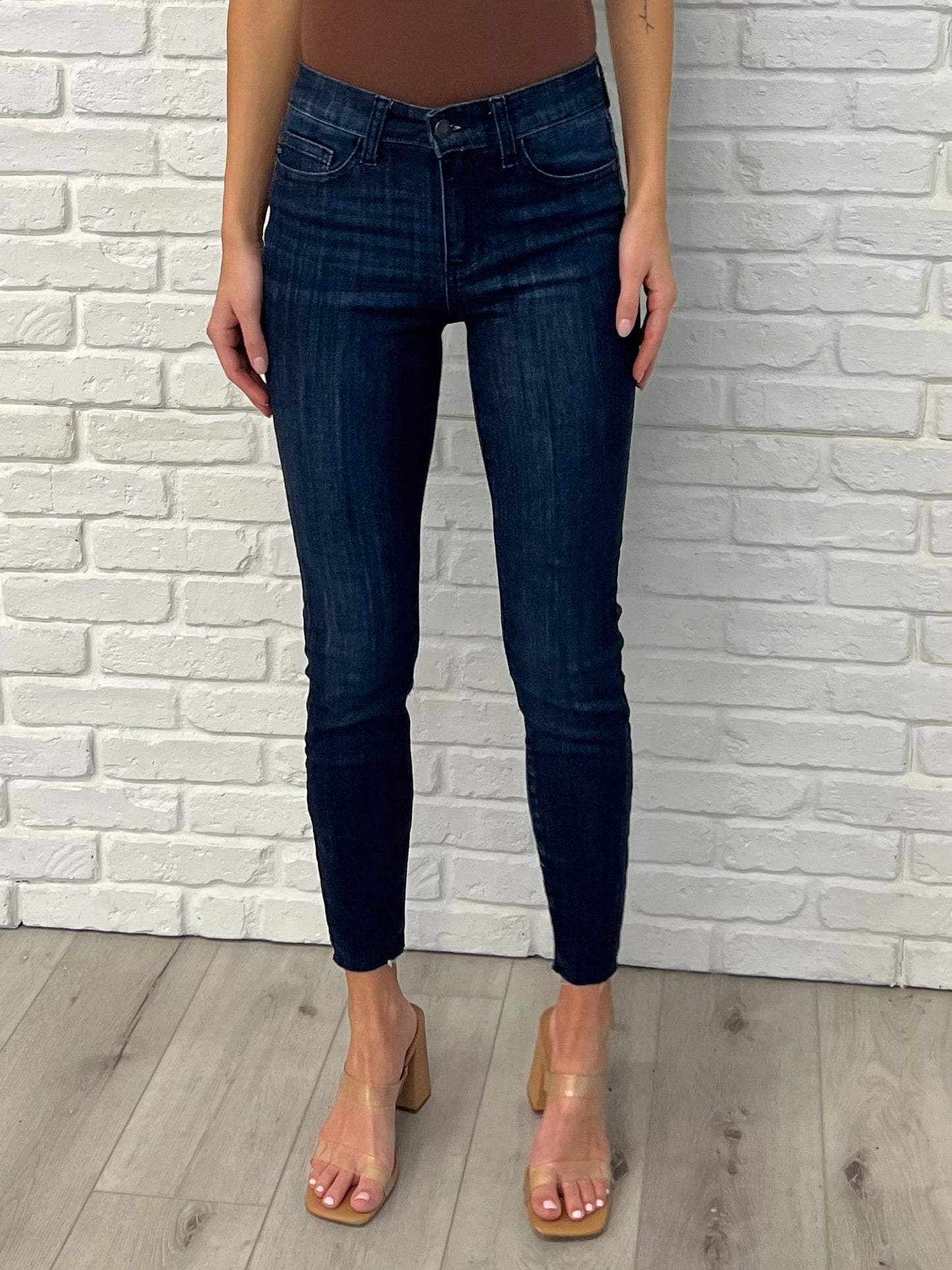 Mid Rise Adjustable Waist Raw Hem Skinny Jeans - Judy Blue