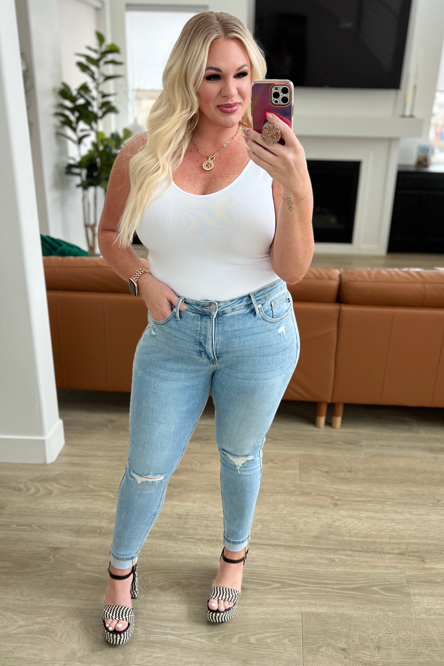 Eloise Mid Rise Control Top Distressed Skinny Jeans - Judy Blue