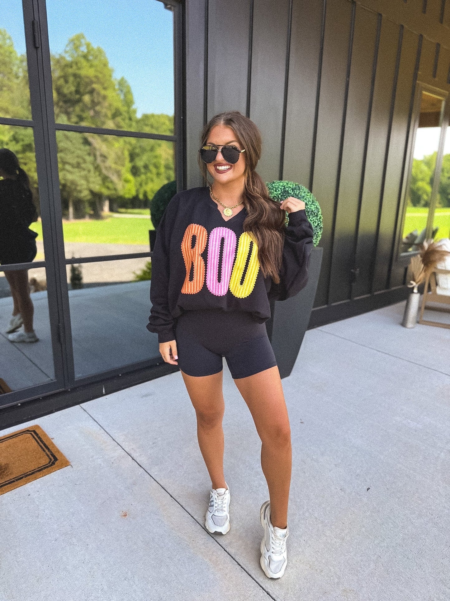 PREORDER // BOO Striped SPLIT NECK Graphic Crewneck on Black // ships in 2-3 weeks