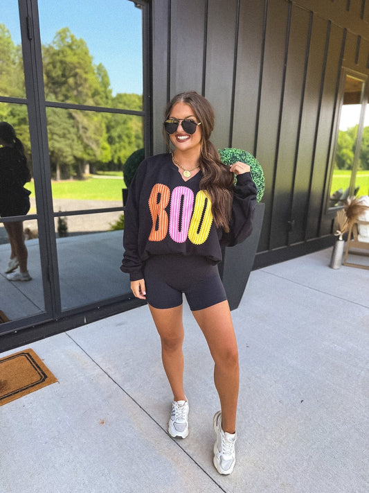 PREORDER // BOO Striped SPLIT NECK Graphic Crewneck on Black // ships in 2-3 weeks