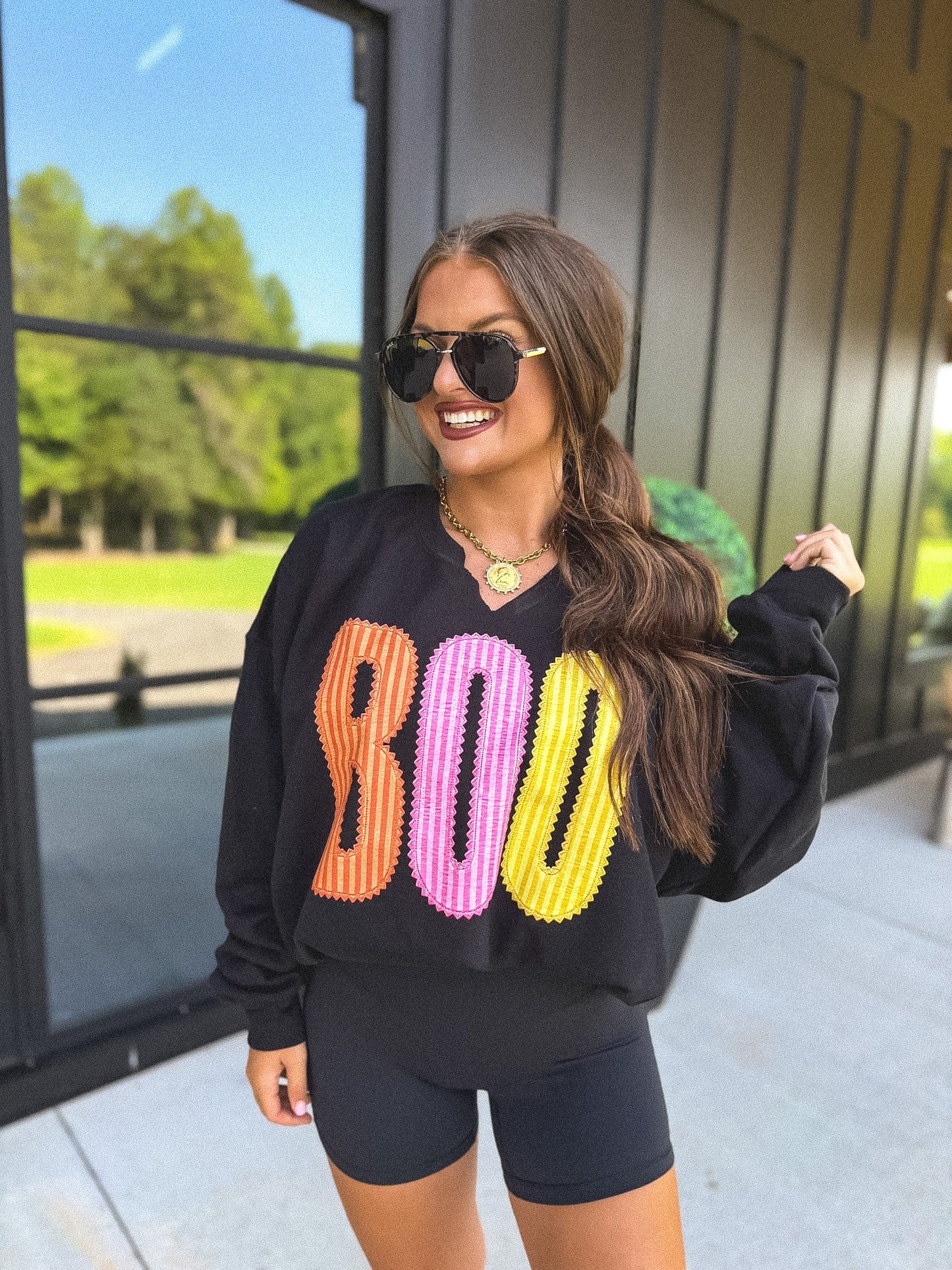 PREORDER // BOO Striped SPLIT NECK Graphic Crewneck on Black // ships in 2-3 weeks