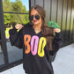 PREORDER // BOO Striped SPLIT NECK Graphic Crewneck on Black // ships in 2-3 weeks