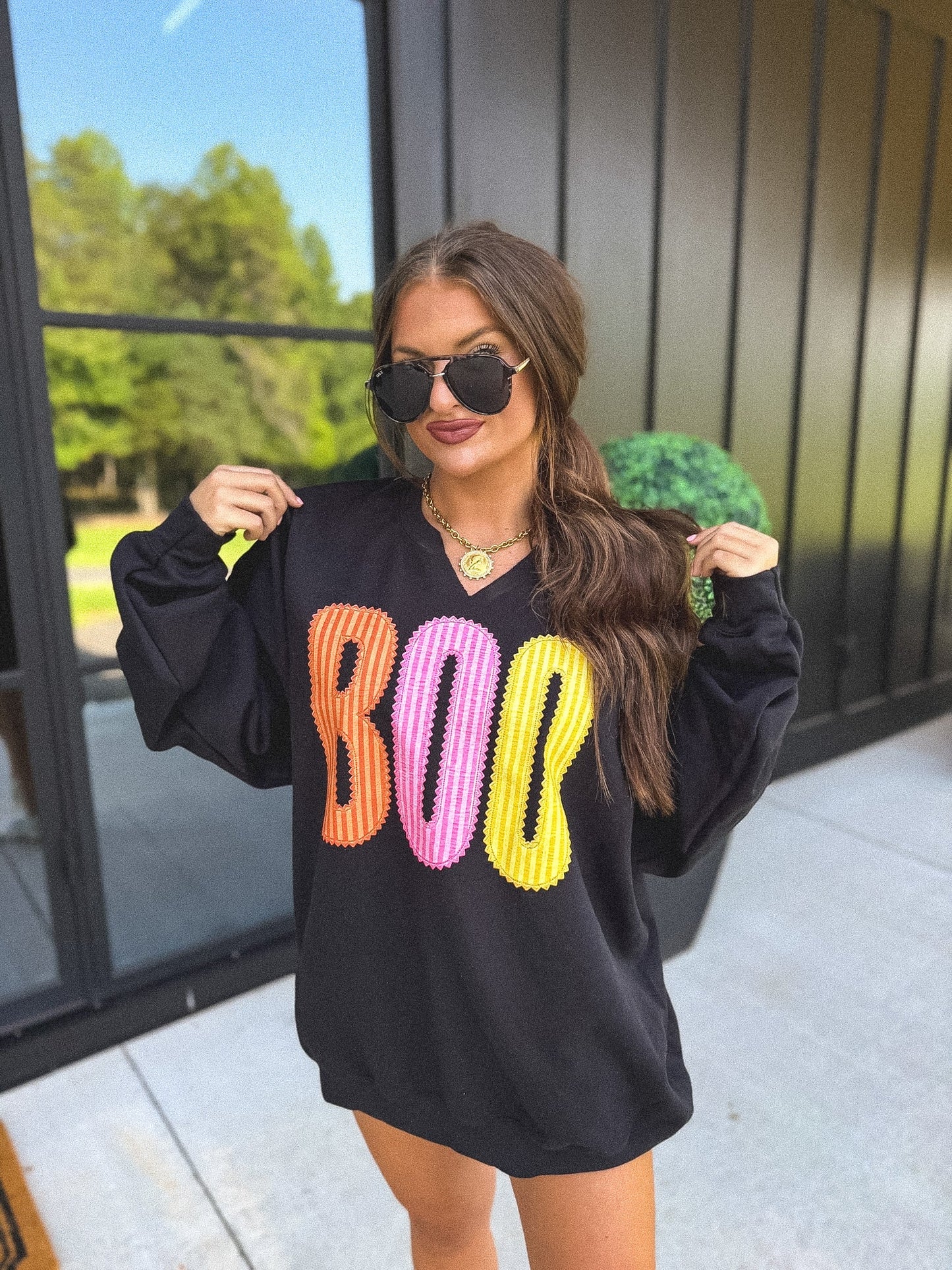 PREORDER // BOO Striped SPLIT NECK Graphic Crewneck on Black // ships in 2-3 weeks