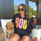 PREORDER // BOO Striped SPLIT NECK Graphic Crewneck on Black // ships in 2-3 weeks