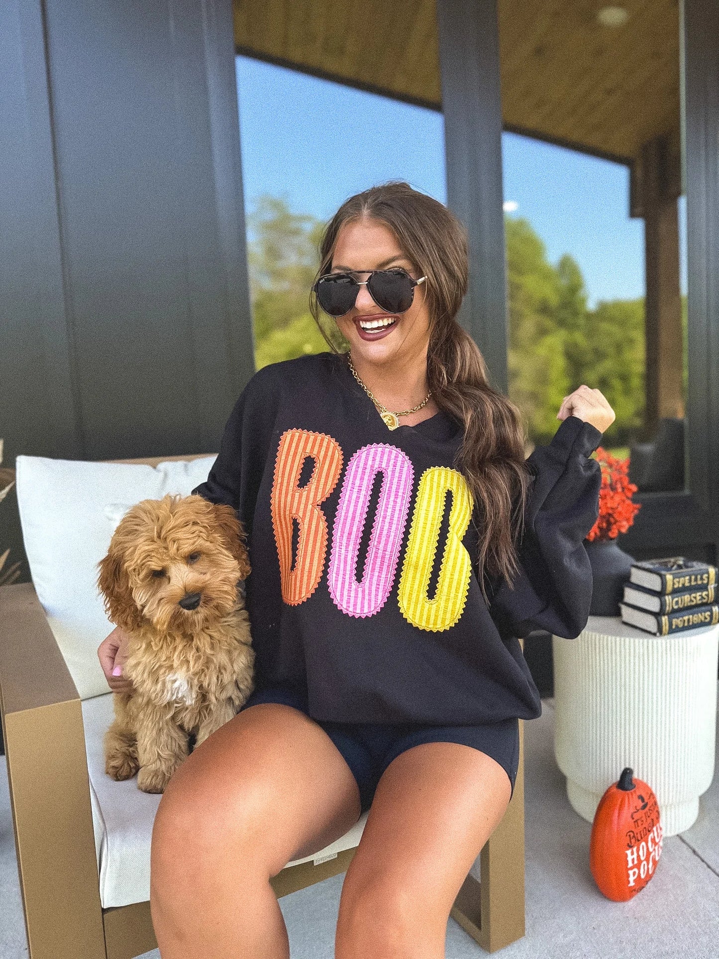 PREORDER // BOO Striped SPLIT NECK Graphic Crewneck on Black // ships in 2-3 weeks