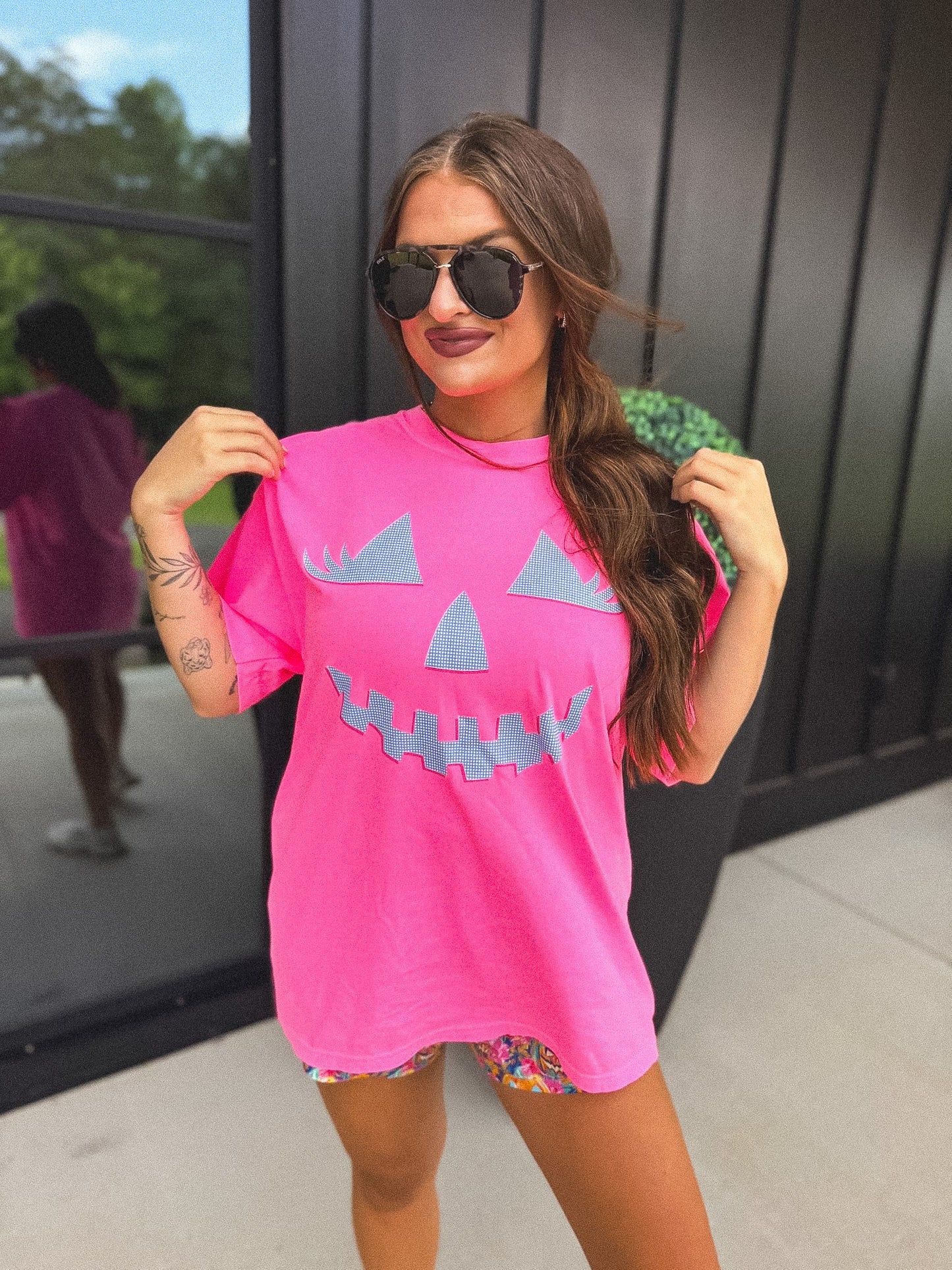 PREORDER:Checkered Pumpkin Face Graphic Tee on Neon Pink // Closes 8/7