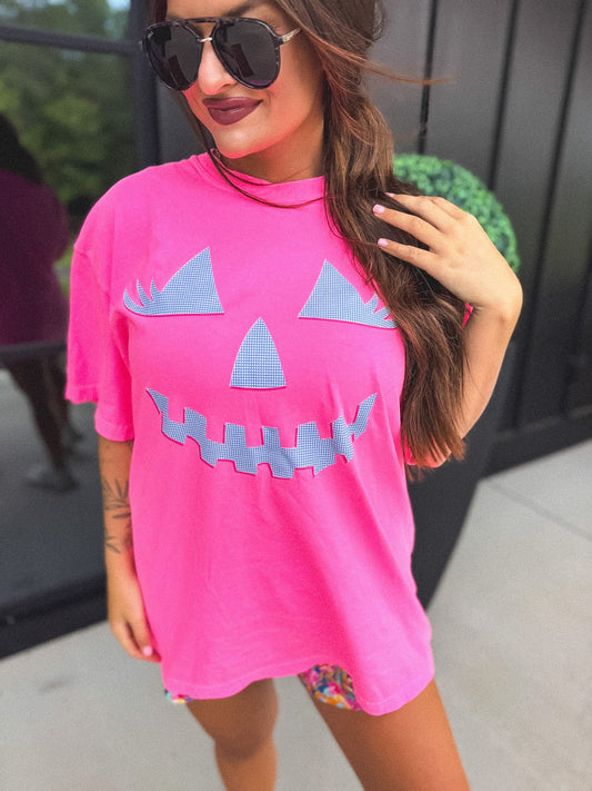 PREORDER:Checkered Pumpkin Face Graphic Tee on Neon Pink // Closes 8/7