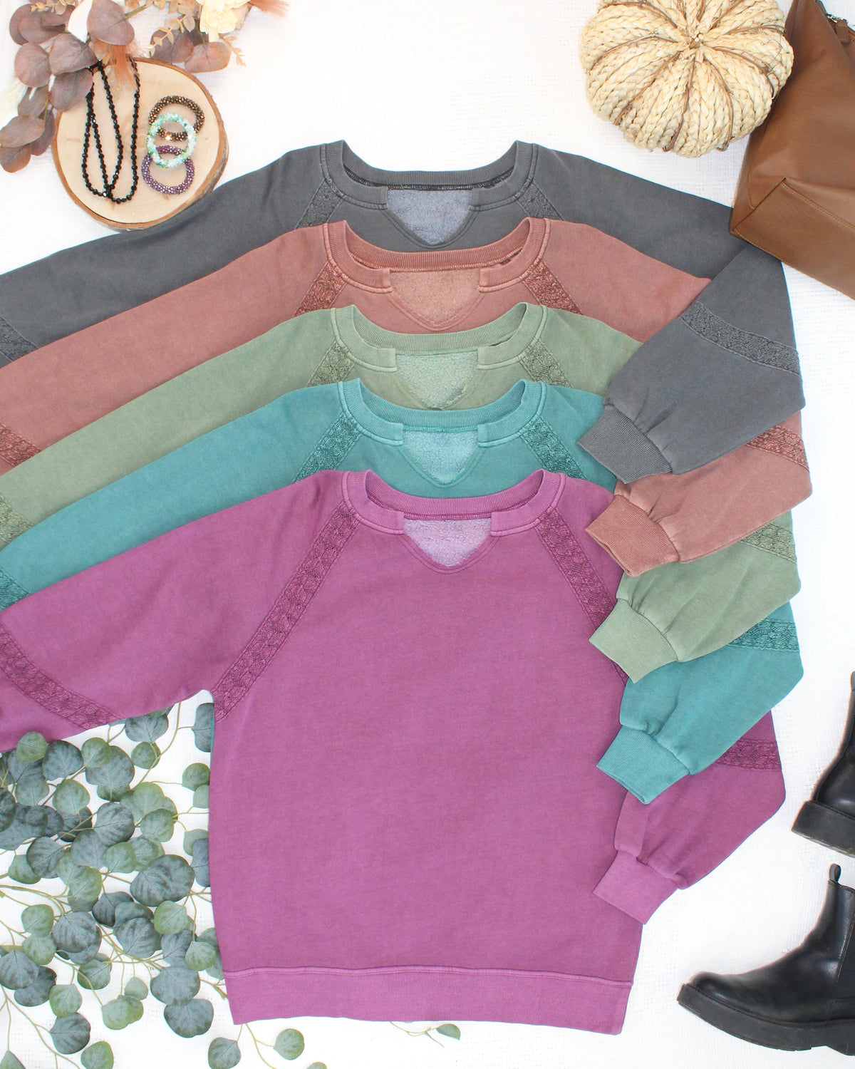 IN STOCK Lace Accent Vintage Wash Pullover - Black