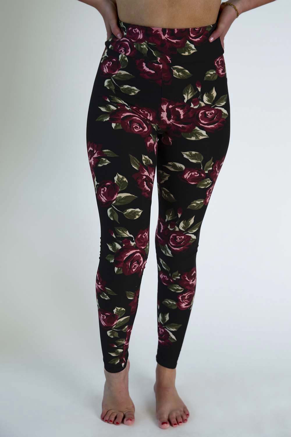 Black and Burgundy Floral Leggings