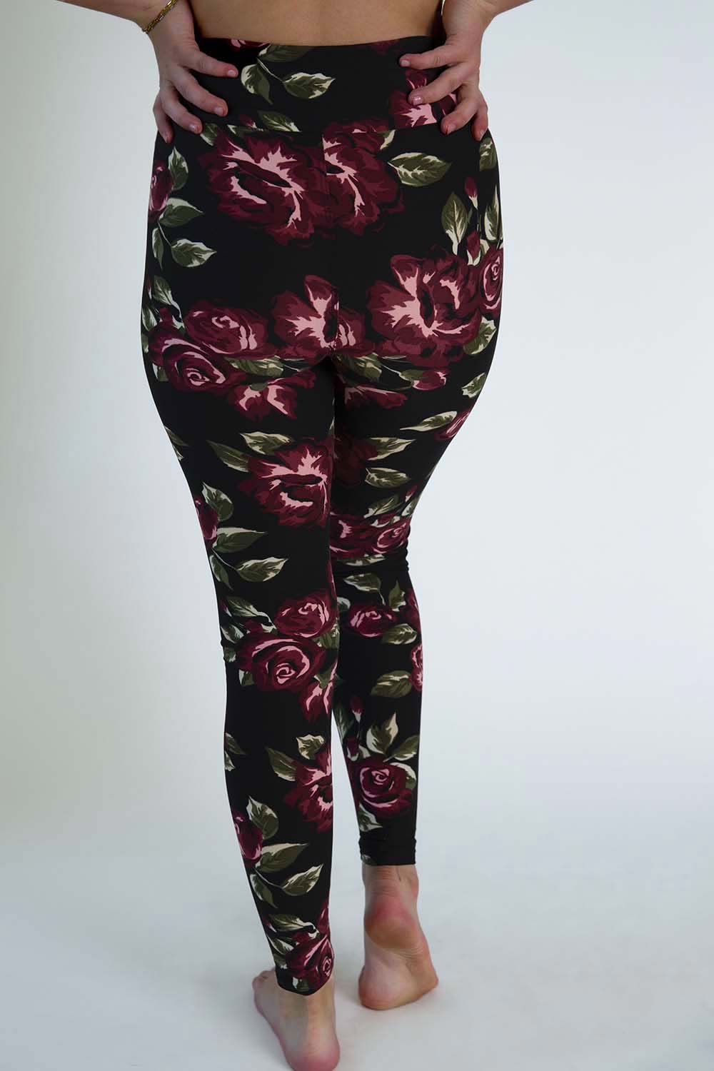 Black and Burgundy Floral Leggings