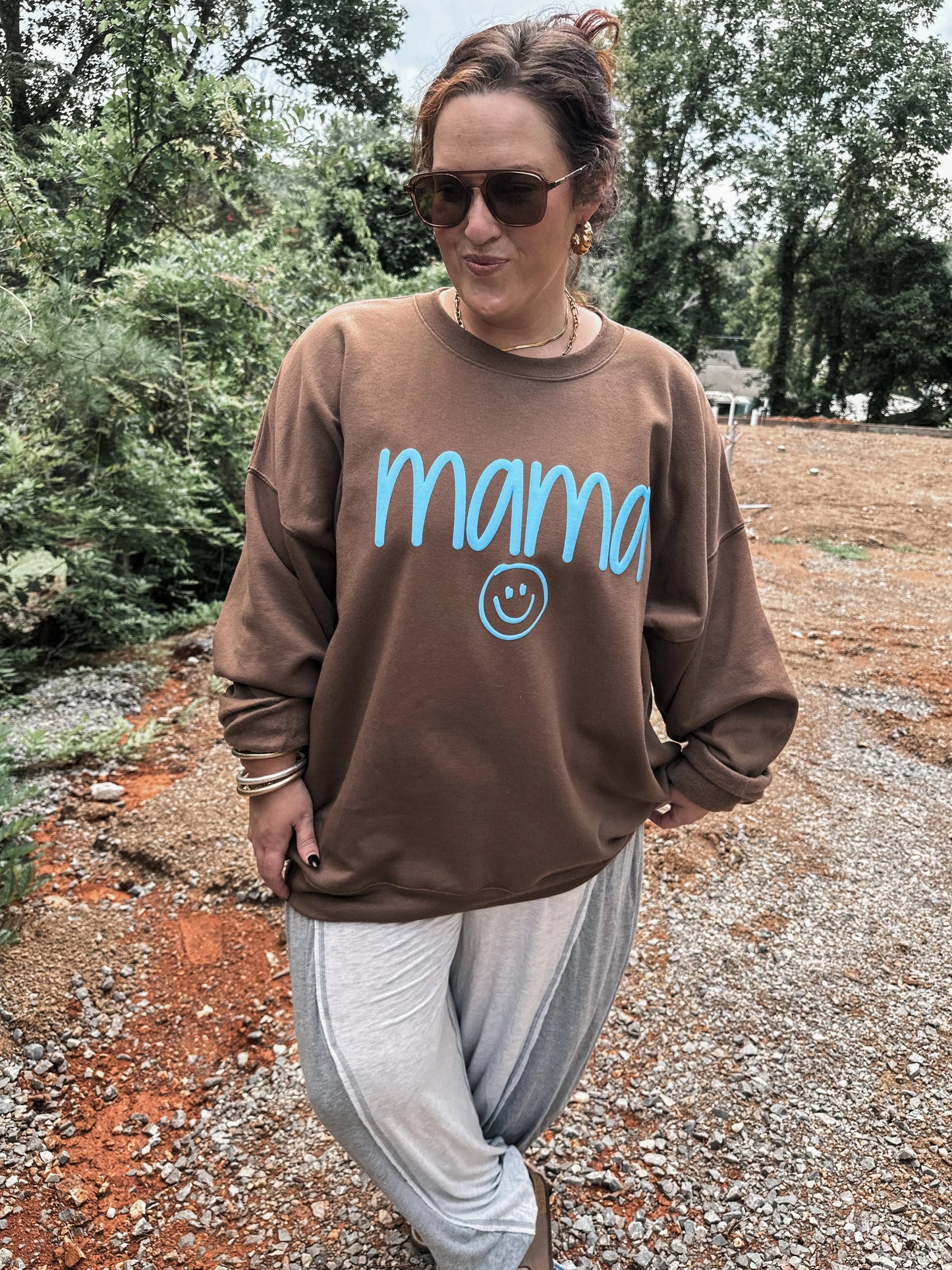 PREORDER: MAMA smiley blue puff- brown sweatshirt // ships in 1-2 weeks