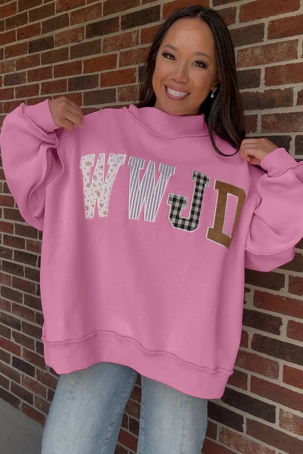 SHIPS FREE TODAY // WWJD Mixed Pattern Embroidered Mock Neck Sweatshirt - Pink OR Brown