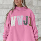 SHIPS FREE TODAY // WWJD Mixed Pattern Embroidered Mock Neck Sweatshirt - Pink OR Brown