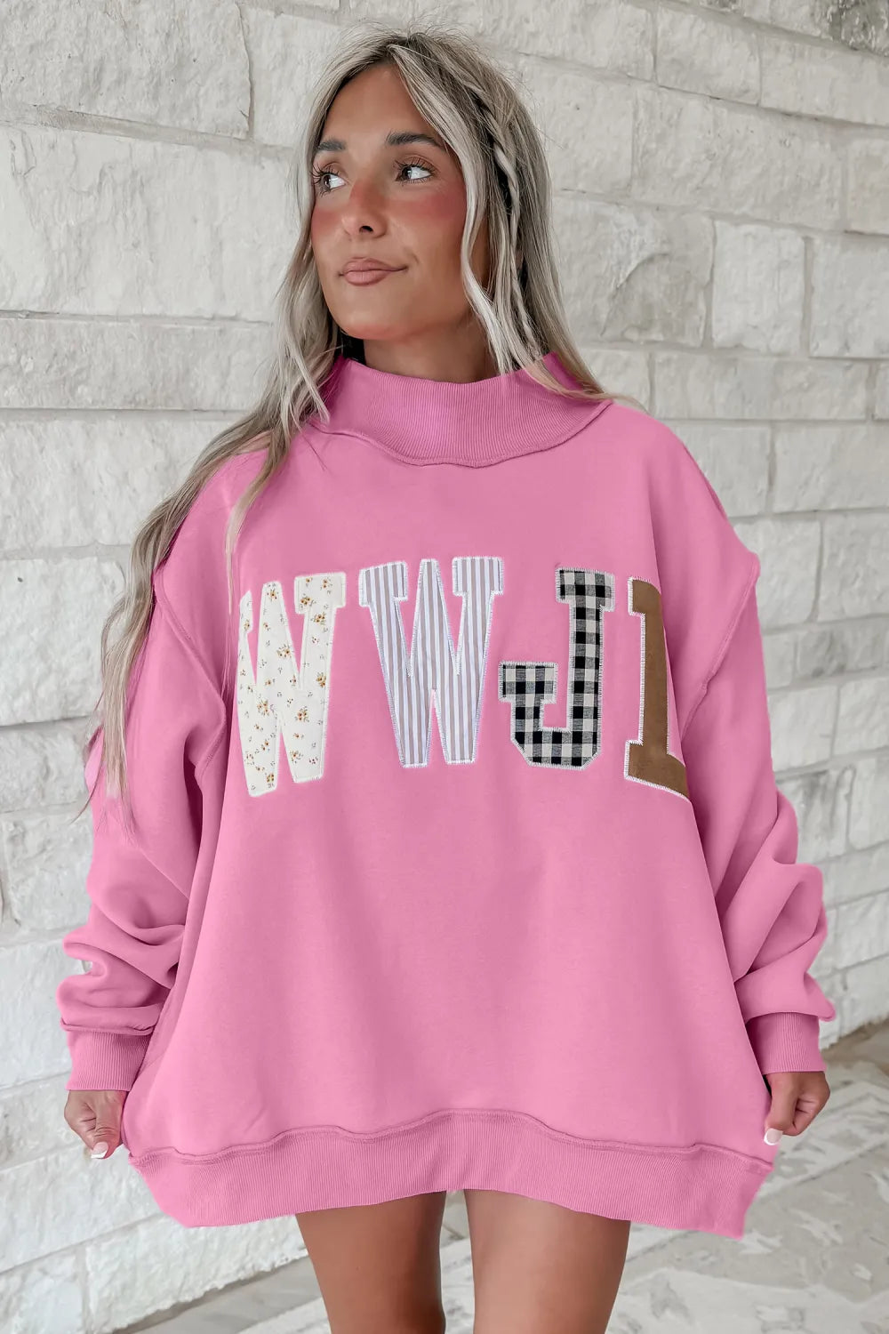 SHIPS FREE TODAY // WWJD Mixed Pattern Embroidered Mock Neck Sweatshirt - Pink OR Brown