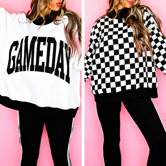 Black Checkered Print High Neck Baggy Sweatshirt