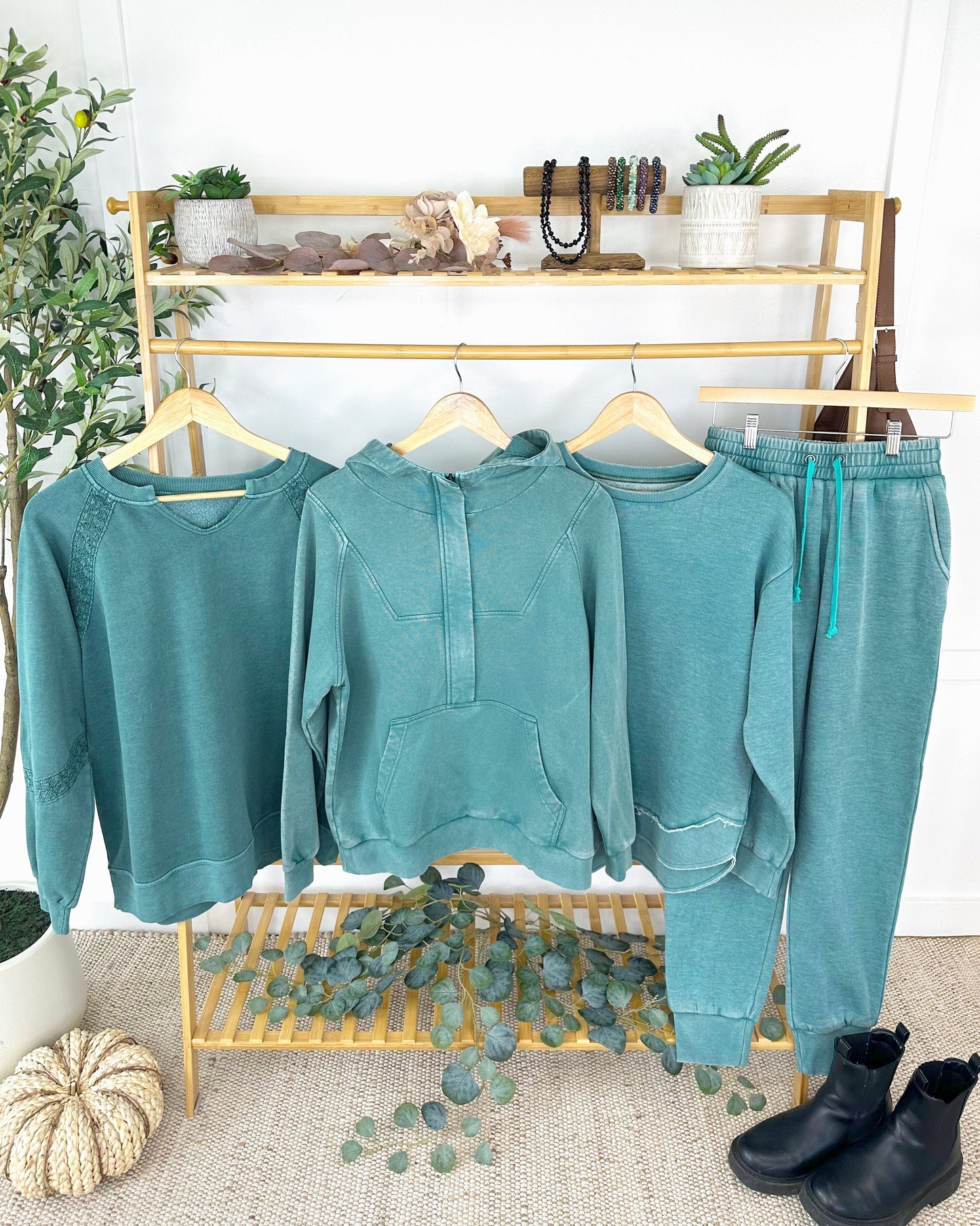 Lace Accent Vintage Wash Pullover - Teal