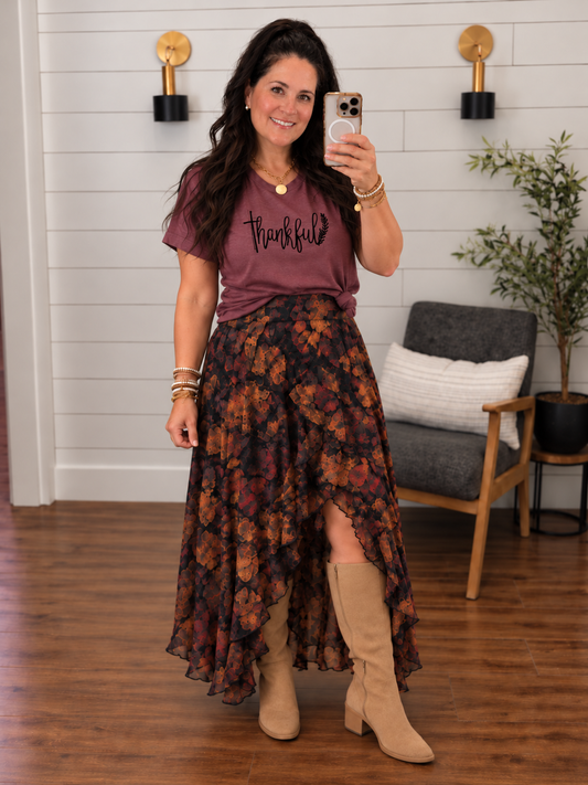 PREORDER // Brown Floral Print Ruffle Split Hem Flowy Long Skirt // ETA MID November