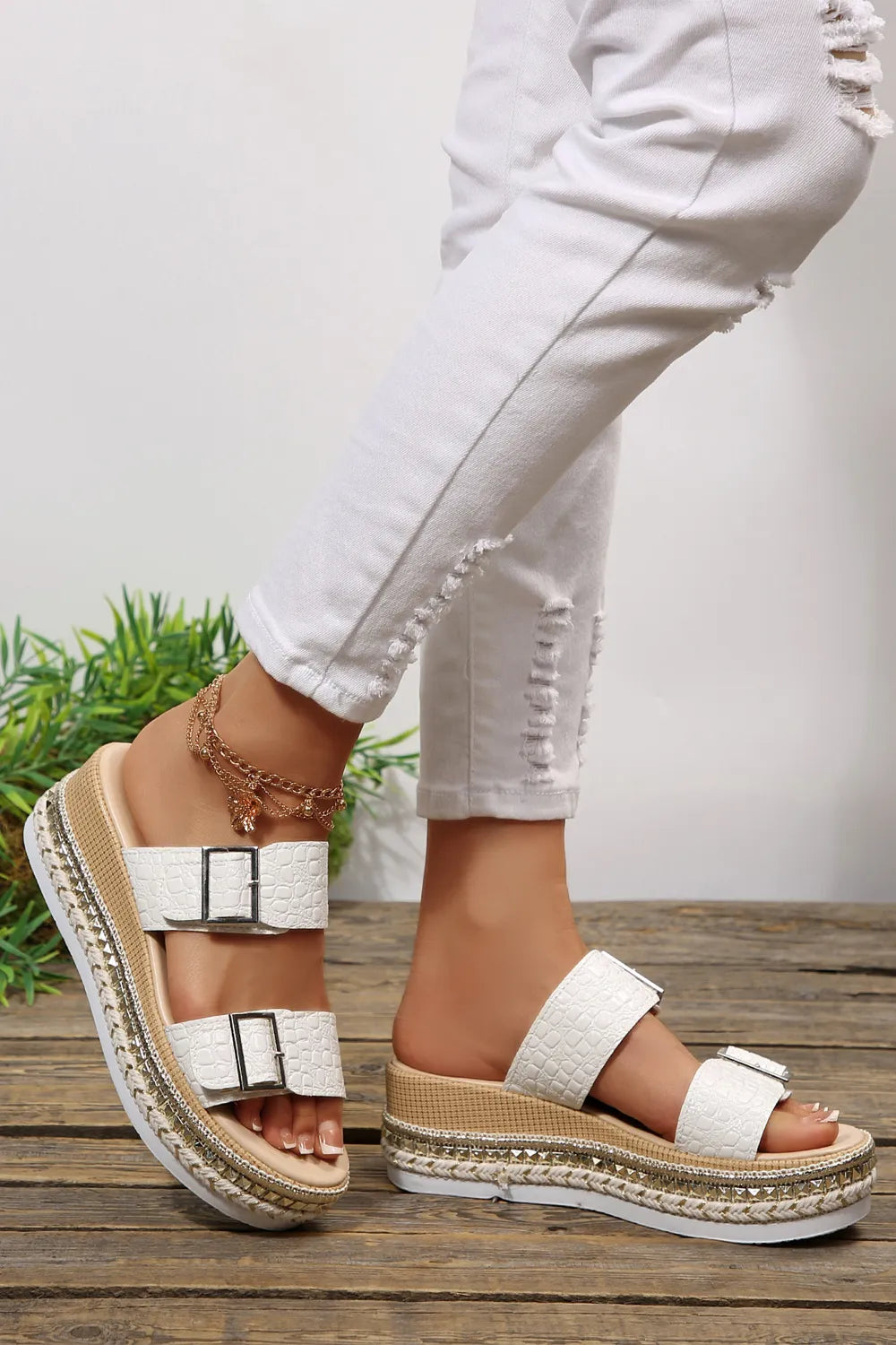 White Metallic Textured Wedge Platform Sandals