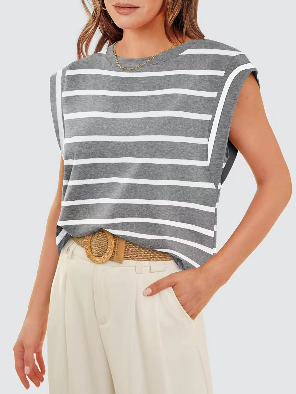 Striped Round Neck Cap Sleeve Top