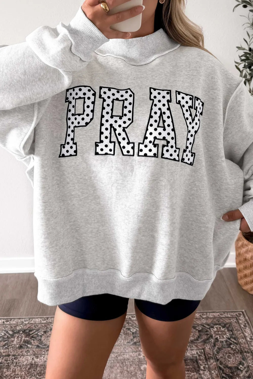 Mock Neck Embroidered Applique PRAY Sweatshirt