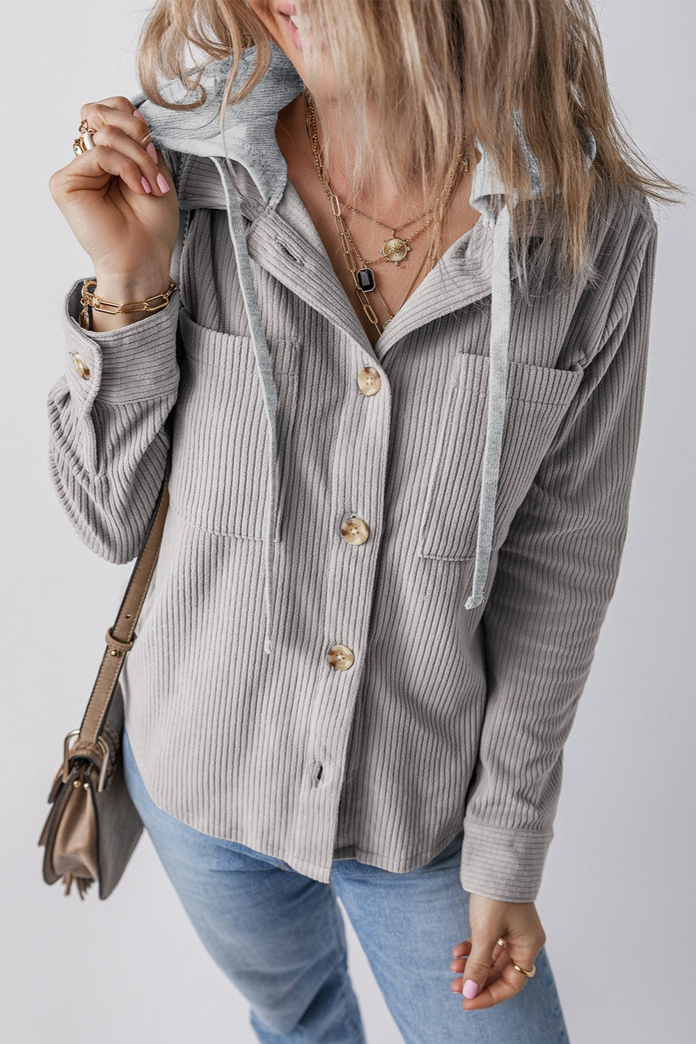 Cord Drawstring Button Up Hooded Shacket
