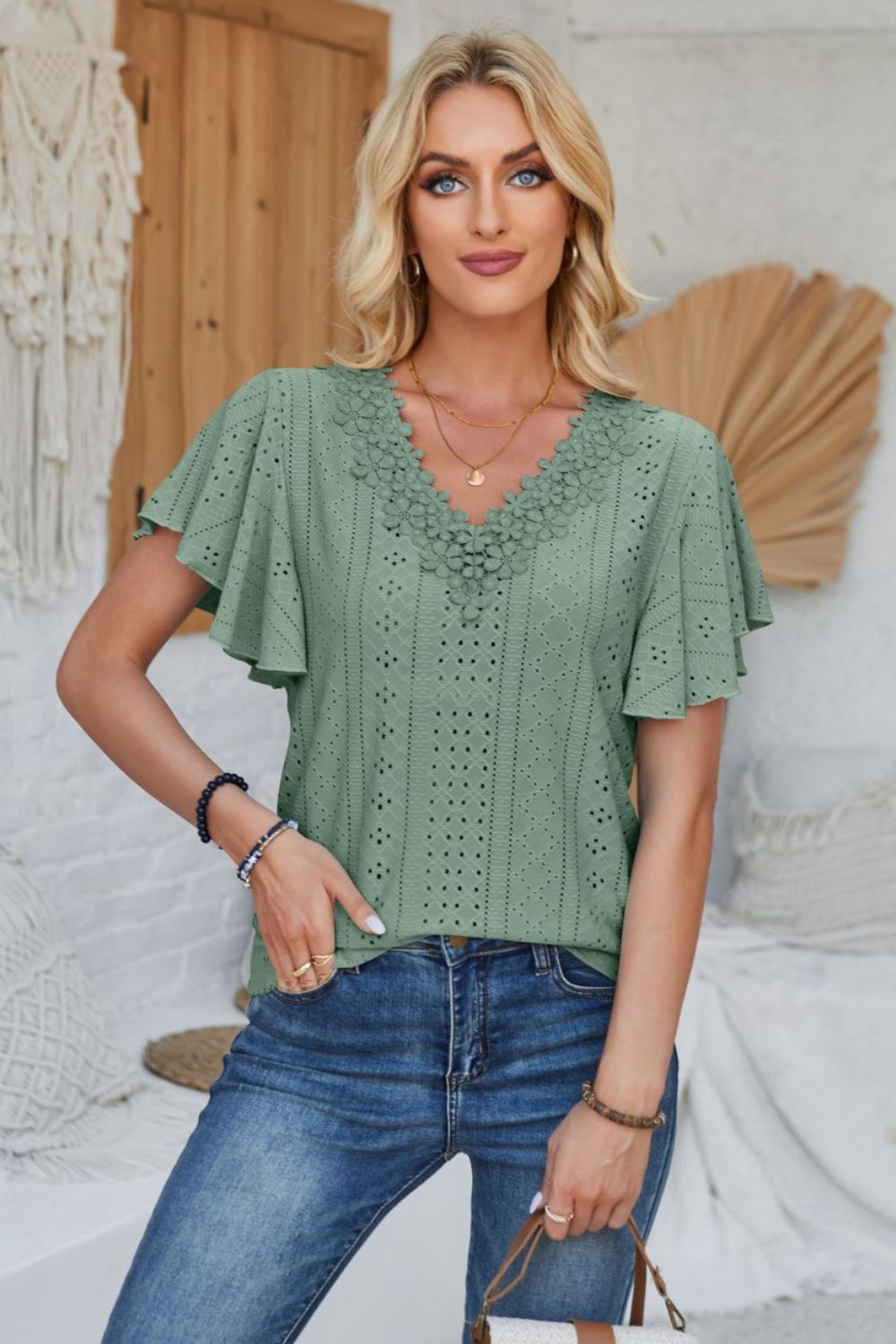 Amy Eyelet Flutter Sleeve Top